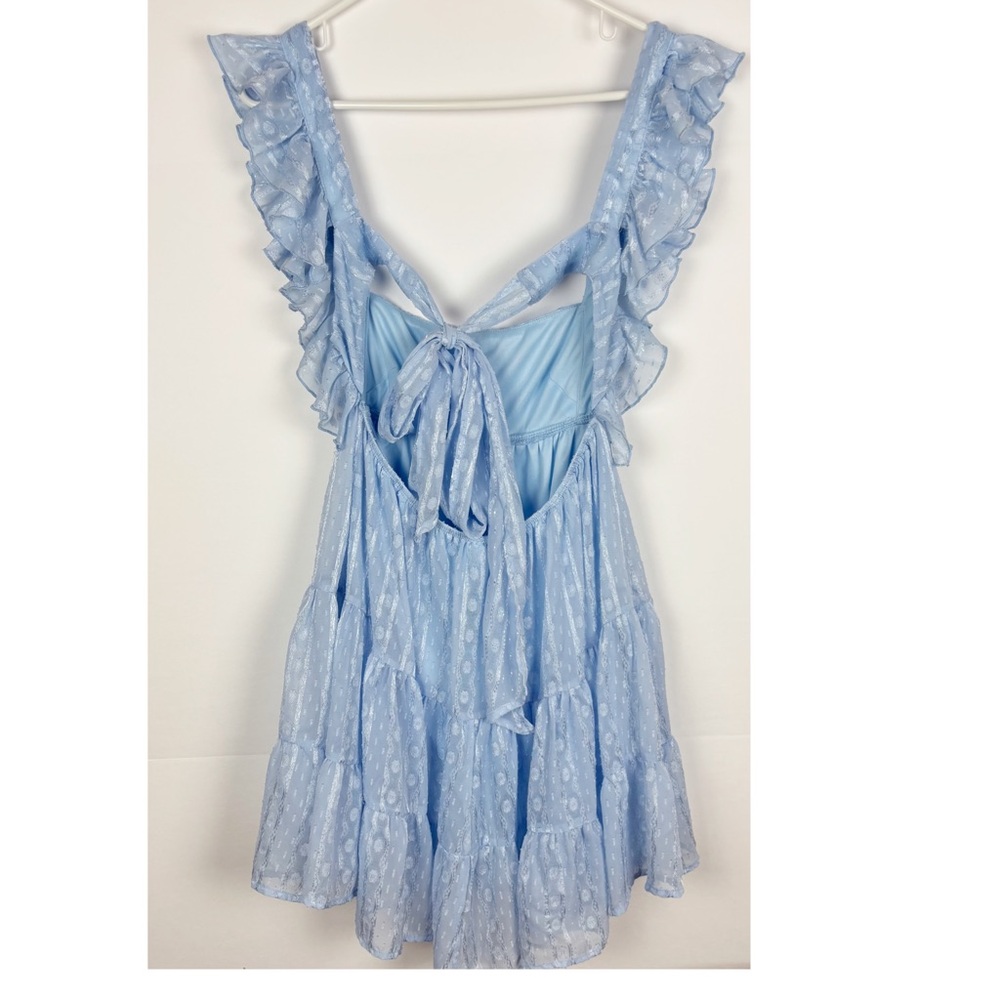 Lucy in The Sky Dress Size Medium Baby Blue Tiered Ruffle Open Tie Back Mini - Picture 2 of 6